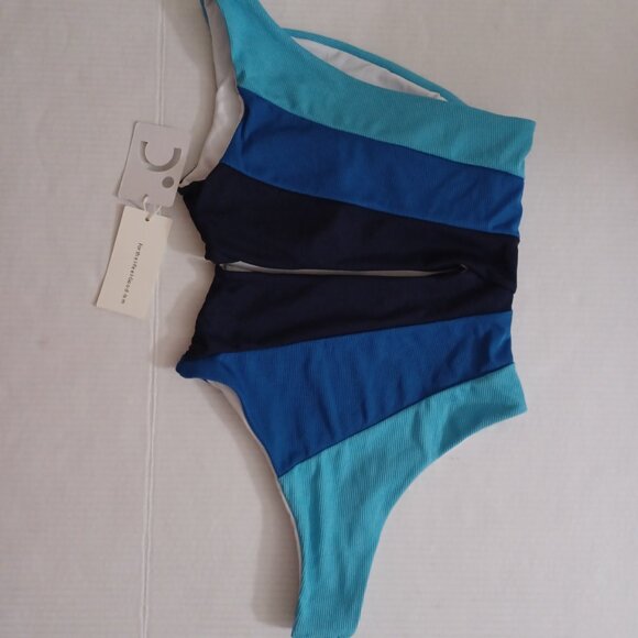 COMMENSE ASYMMETRICAL STRIPED ONE SHOULDER CUTOUT SWIMSUIT BLUE SIZE SMALL - Picture 4 of 10
